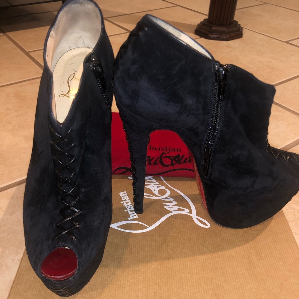 Christian Louboutin suede peep toe booties